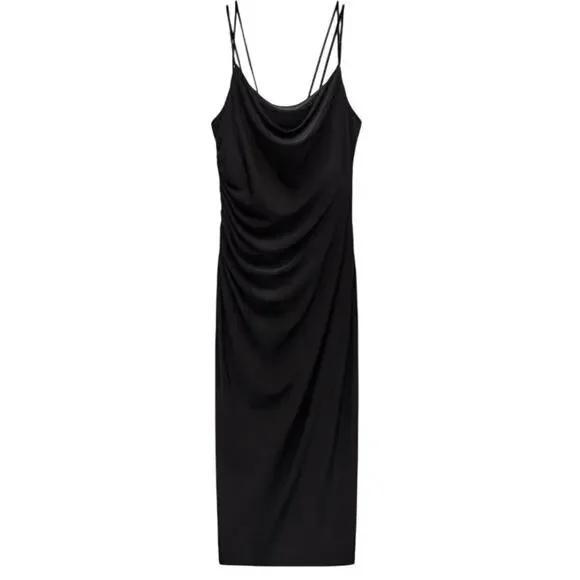 Zara LittleBlackDress Slip Slinky Cowl Draped Neck Open Back Midi L Minimalist - Picture 3 of 10